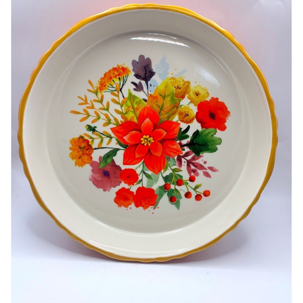 The Pioneer Woman Pie Pan 9in Red Winter Bouquet Floral Stoneware Scalloped Rim